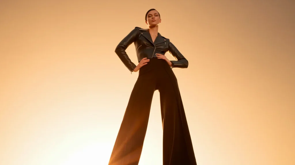 Edgy Leather Jacket with Wide-Leg Trousers